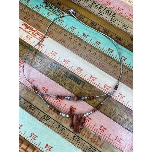 Vintage Double Strand Silver Tone Rose Flower 20” Beaded Necklace Goldstone - Picture 8 of 8